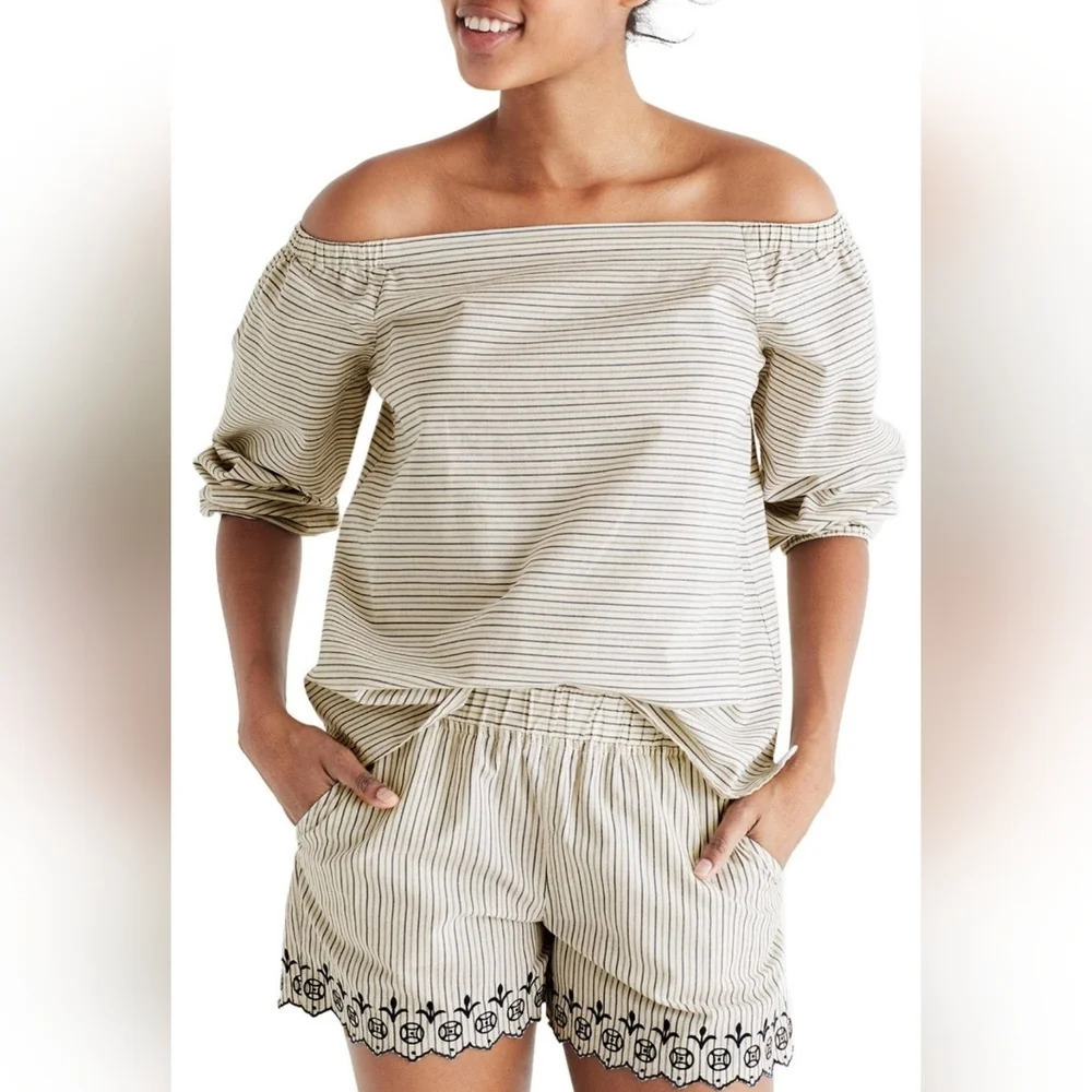 Madewell-M Jardin off the shoulder striped top shirt blouse Cream & Blue